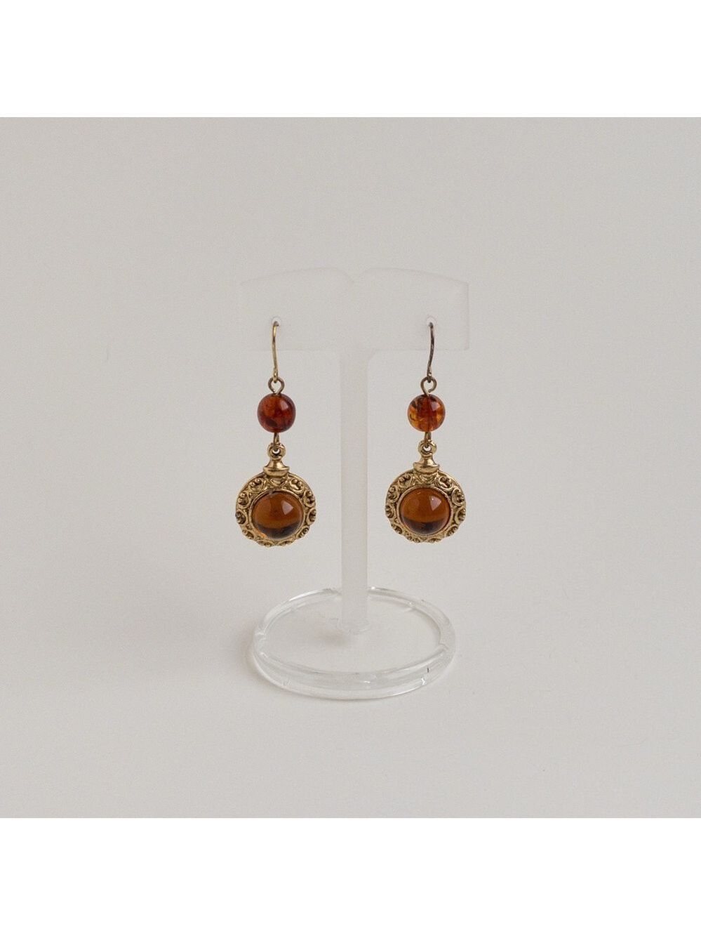 Vintage Gold Tone Drop Dangle Ornate Earrings Brown Acrylic Cabochon Beads